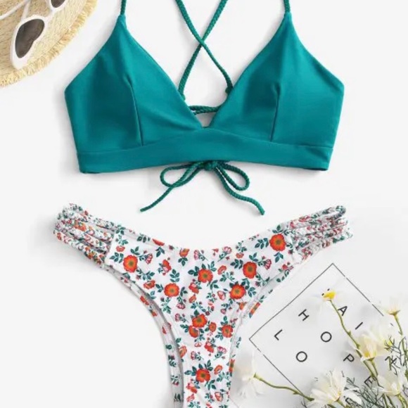 NEW Flower Bikini Set | Criss Cross Strap Bikini | White Bikini - Picture 1 of 8
